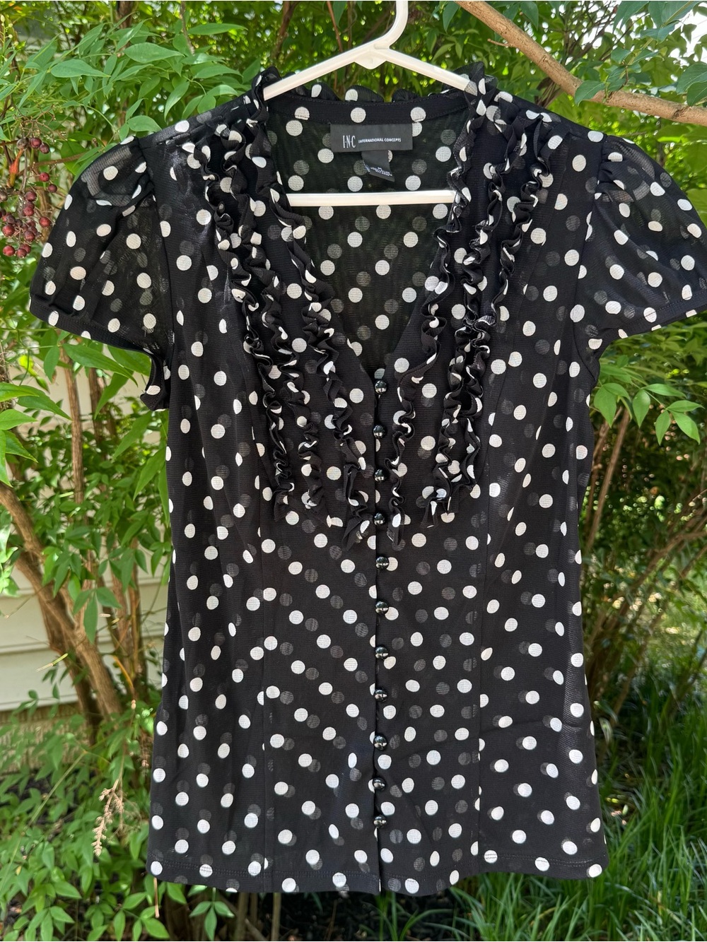 INC International Concepts Black and White Polka Dot Ruffled Button-Front Blouse